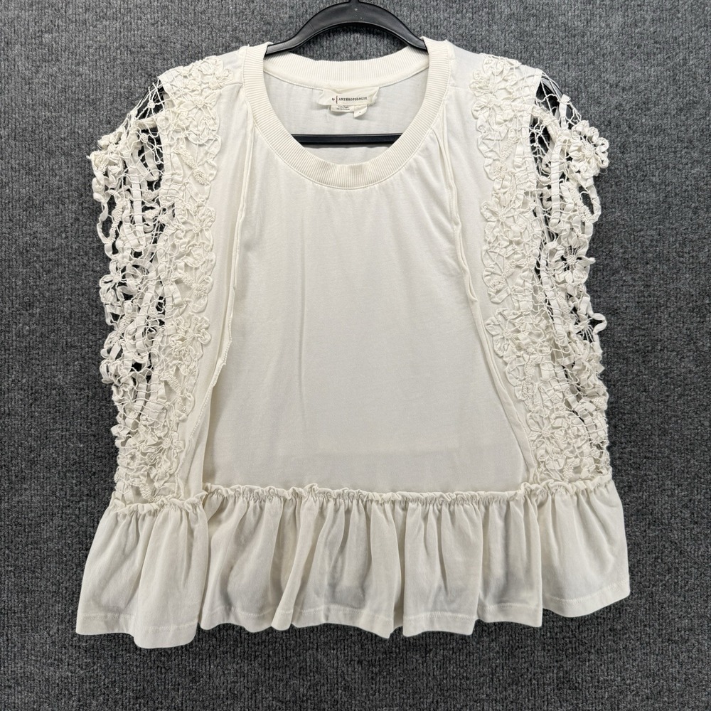 Athropologie Top Womens L Ivory Crew Neck Crochet Crop Boxy Casual Boho Cottage